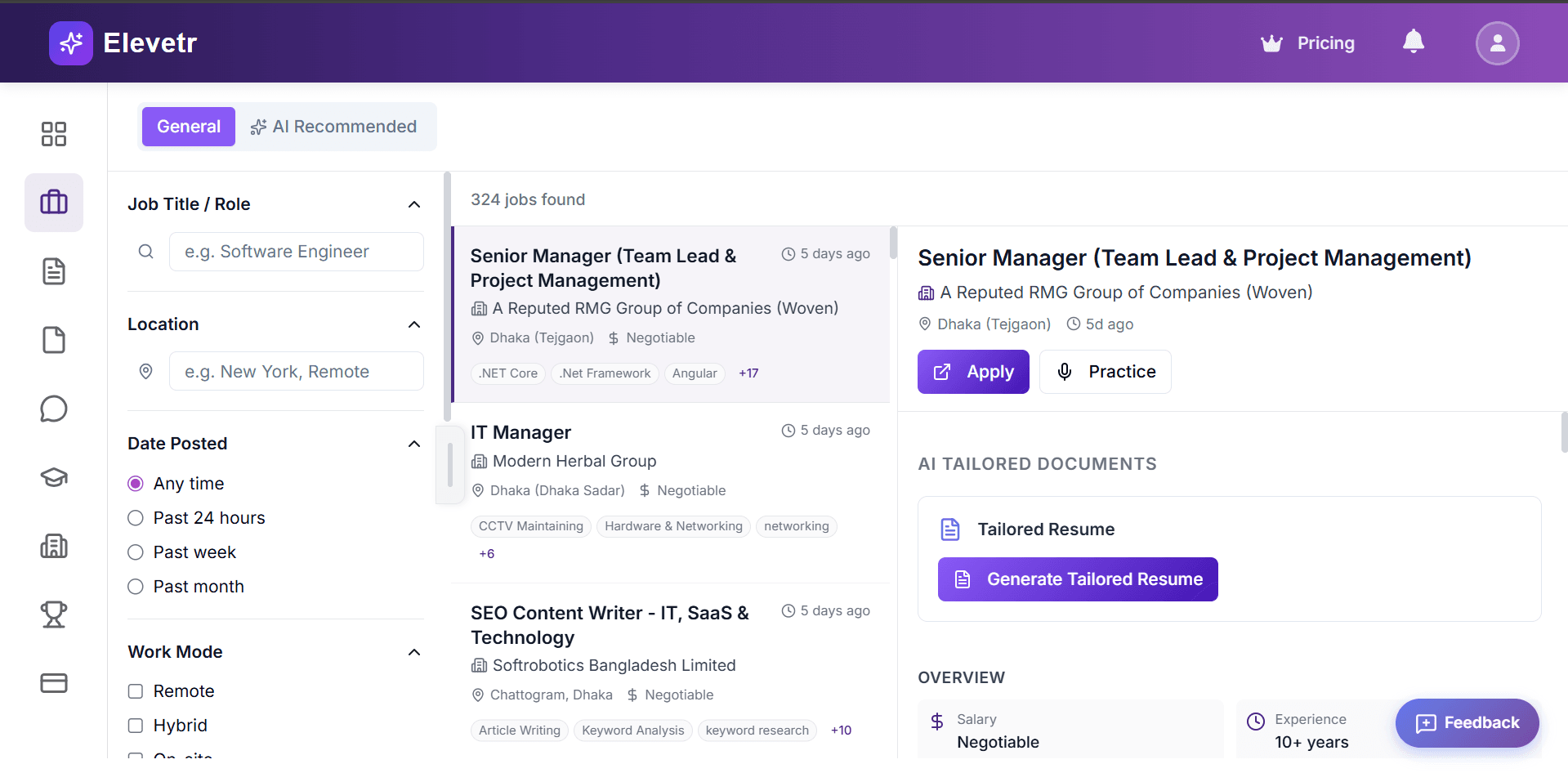 Elevetr Jobs candidate pipeline dashboard